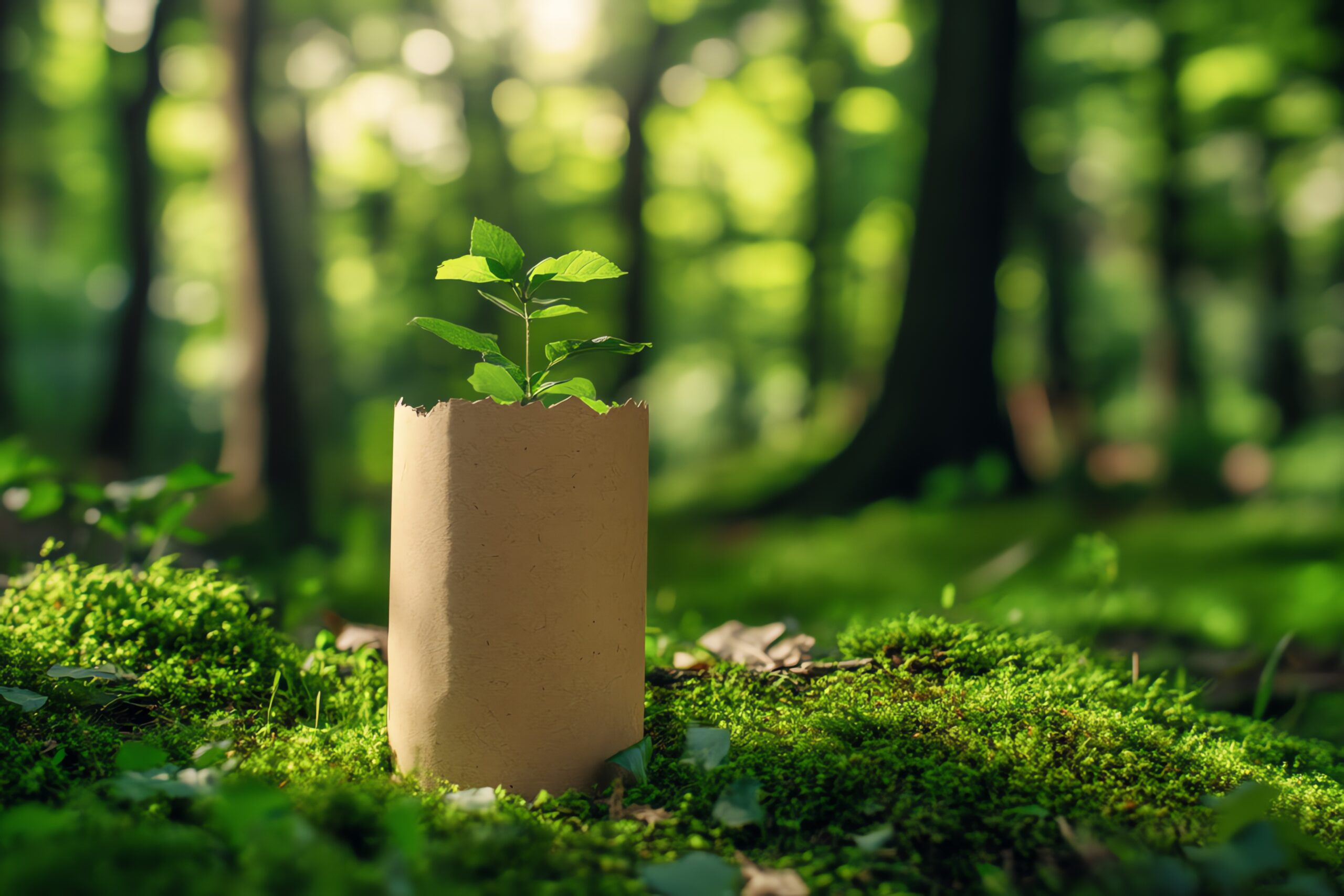 jeune pousse dans un sac en papier recyclé sur un sol forestier verdoyant